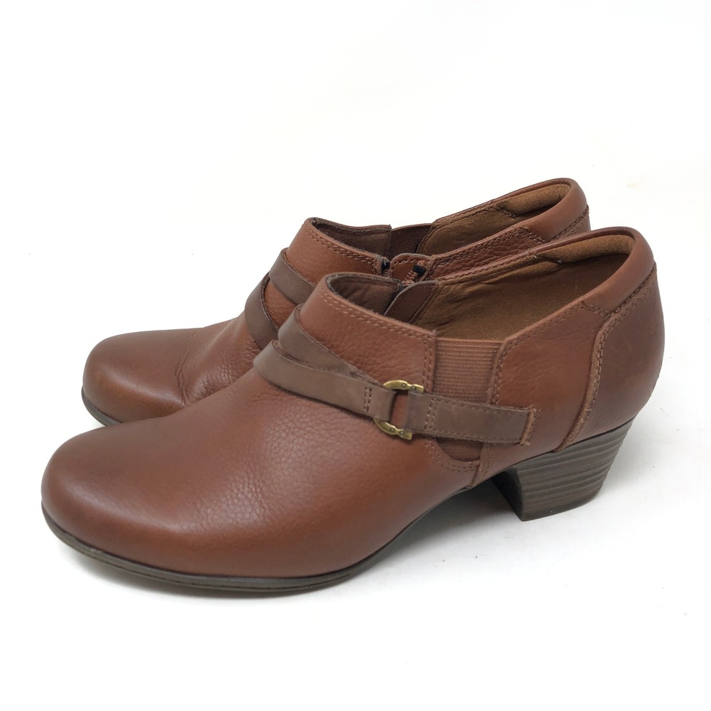 Clarks Womens 7 Valerie May Ankle Booties Brown Leather Strap Comfort Heel - Picture 4 of 9